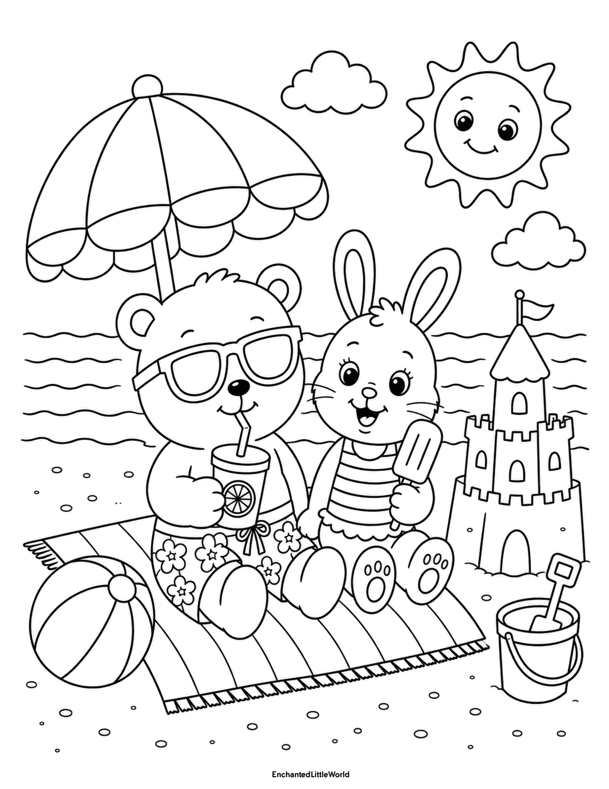 cute-beach-coloring-page-for-kids-9 • Enchanted Little World Cute bear and bunny sitting together on a beach mat with a drink, popsicle, sandcastle, beach ball, bucket, and umbrella.