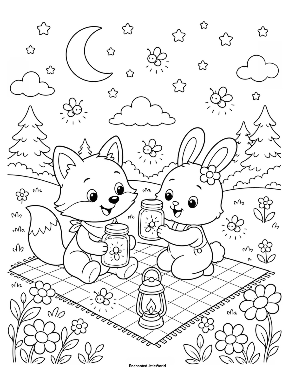 cute-summer-animals-coloring-page-10 • Enchanted Little World Free coloring page for kids featuring a cute fox and bunny catching fireflies in jars during a summer night picnic under the moon and stars.