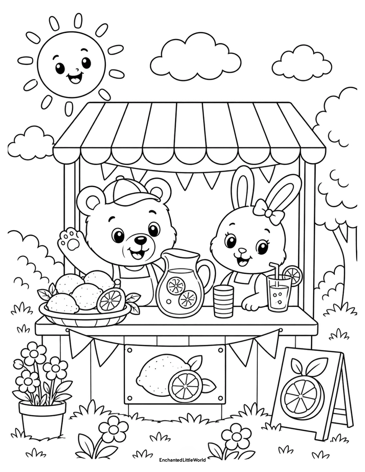 cute-summer-animals-coloring-page-2 • Enchanted Little World Free coloring page for kids featuring a cute bear and bunny running a lemonade stand with lemons, drinks, flowers, clouds, and a smiling summer sun.