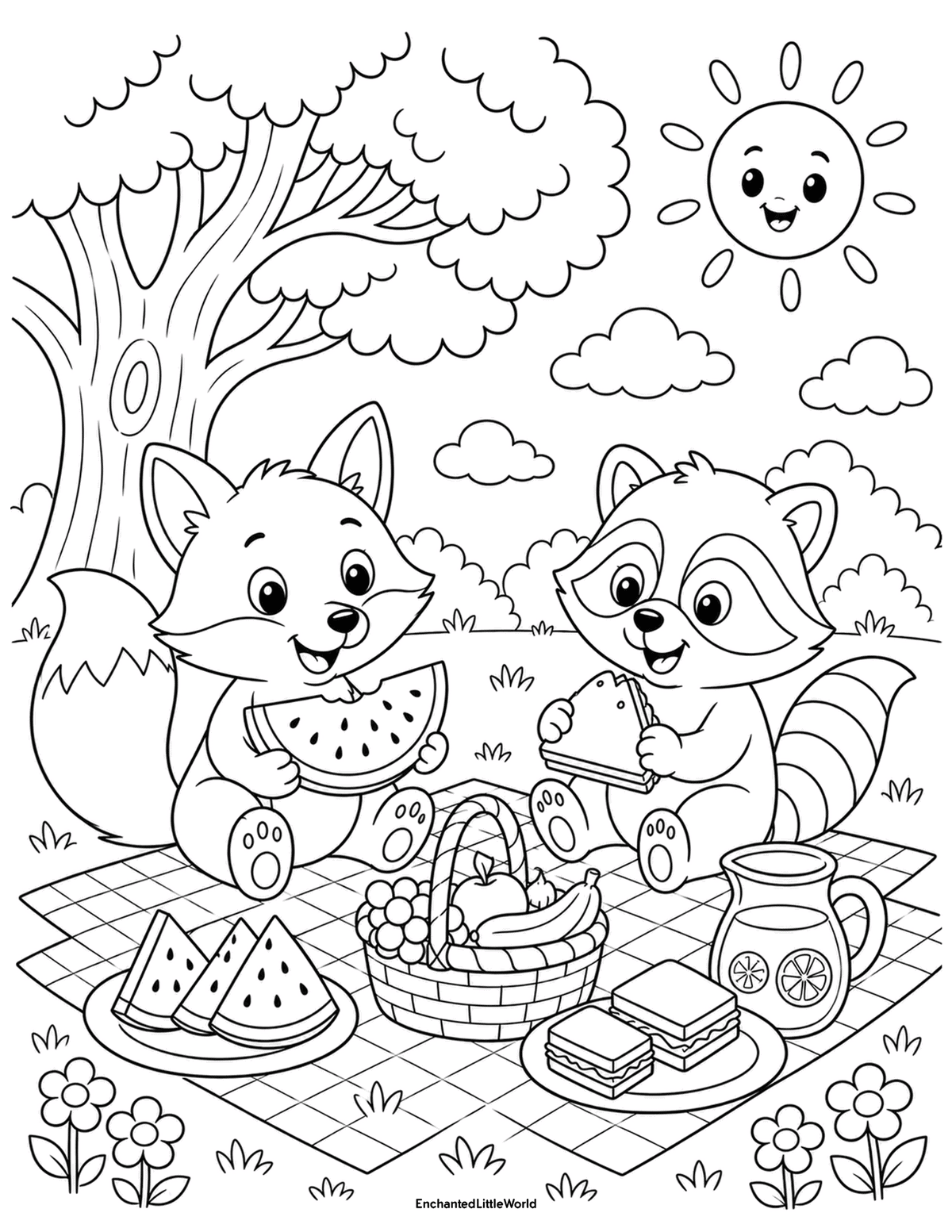 cute-summer-animals-coloring-page-3 • Enchanted Little World Free coloring page for kids featuring a cute fox and raccoon having a summer picnic with watermelon, sandwiches, fruit, lemonade, flowers, and sunshine.