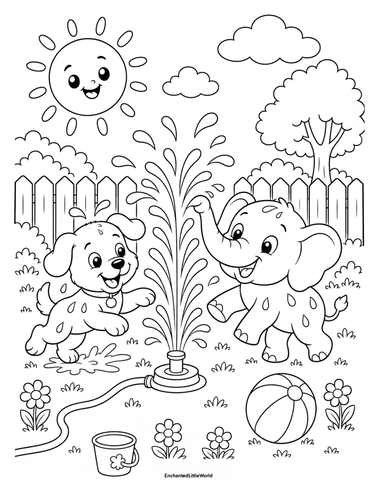cute-summer-animals-coloring-page-4 • Enchanted Little World Free coloring page for kids featuring a cute puppy and elephant playing in a sprinkler with a beach ball, flowers, fence, trees, and smiling summer sun.