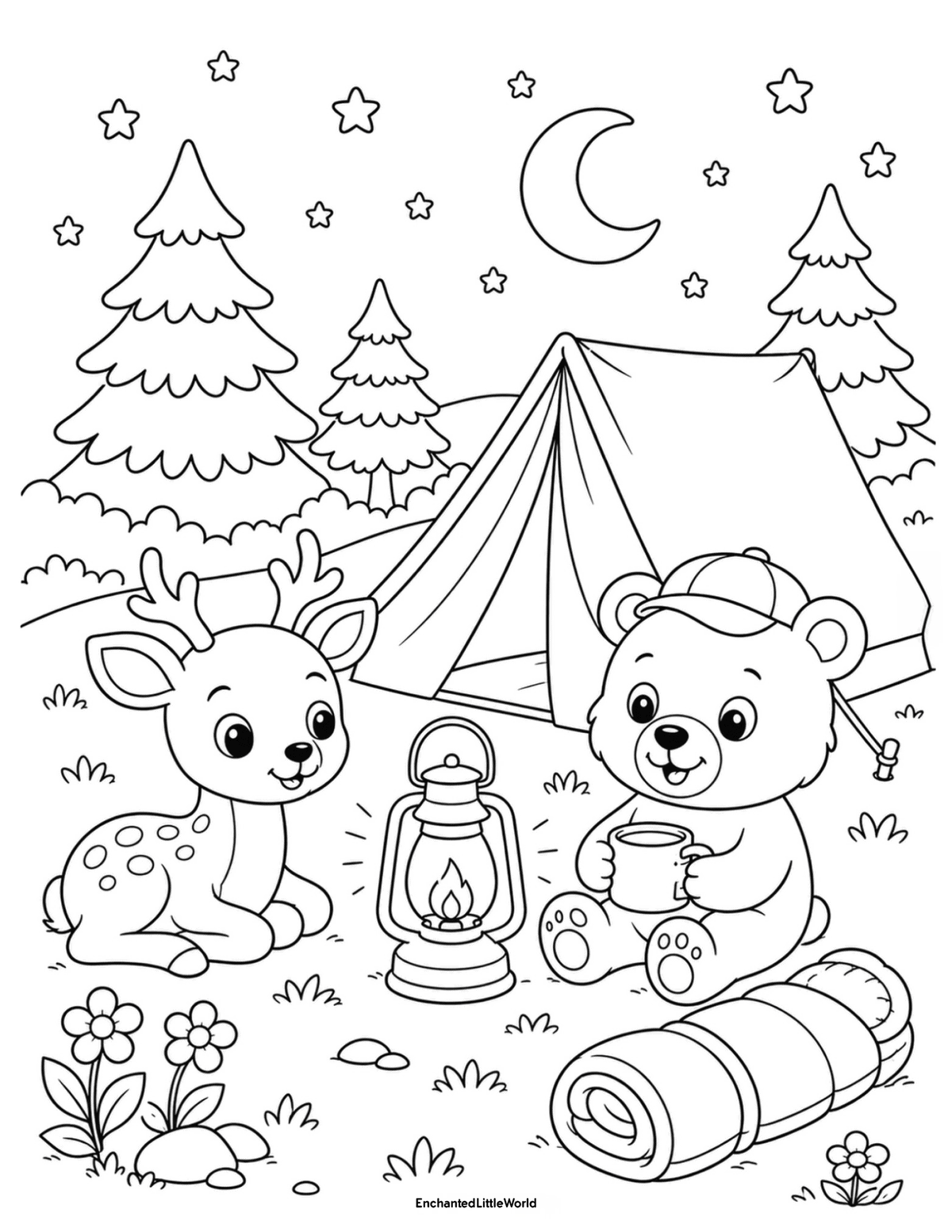 cute-summer-animals-coloring-page-5 • Enchanted Little World Free coloring page for kids featuring a cute deer and bear camping beside a tent and lantern under a moon and stars.