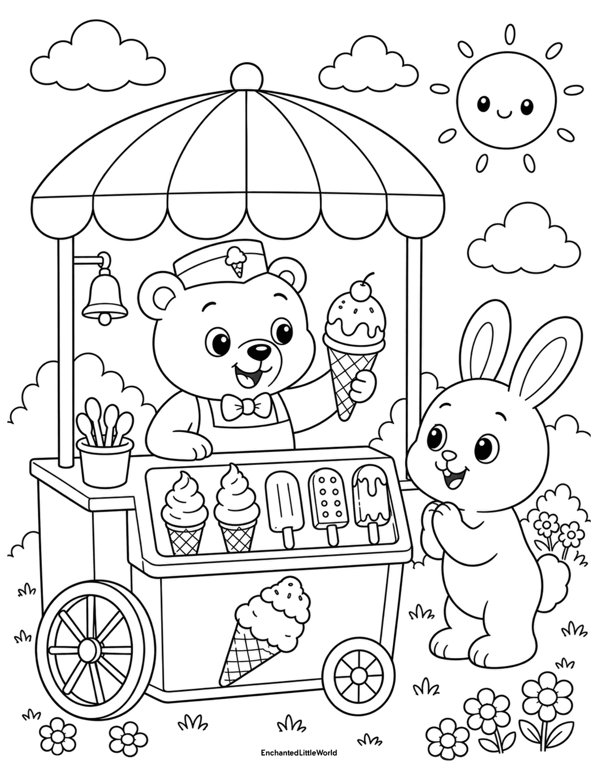 cute-summer-animals-coloring-page-6 • Enchanted Little World Free coloring page for kids featuring a cute ute bear serving ice cream from a summer cart while a bunny waits beside flowers and a smiling sun.