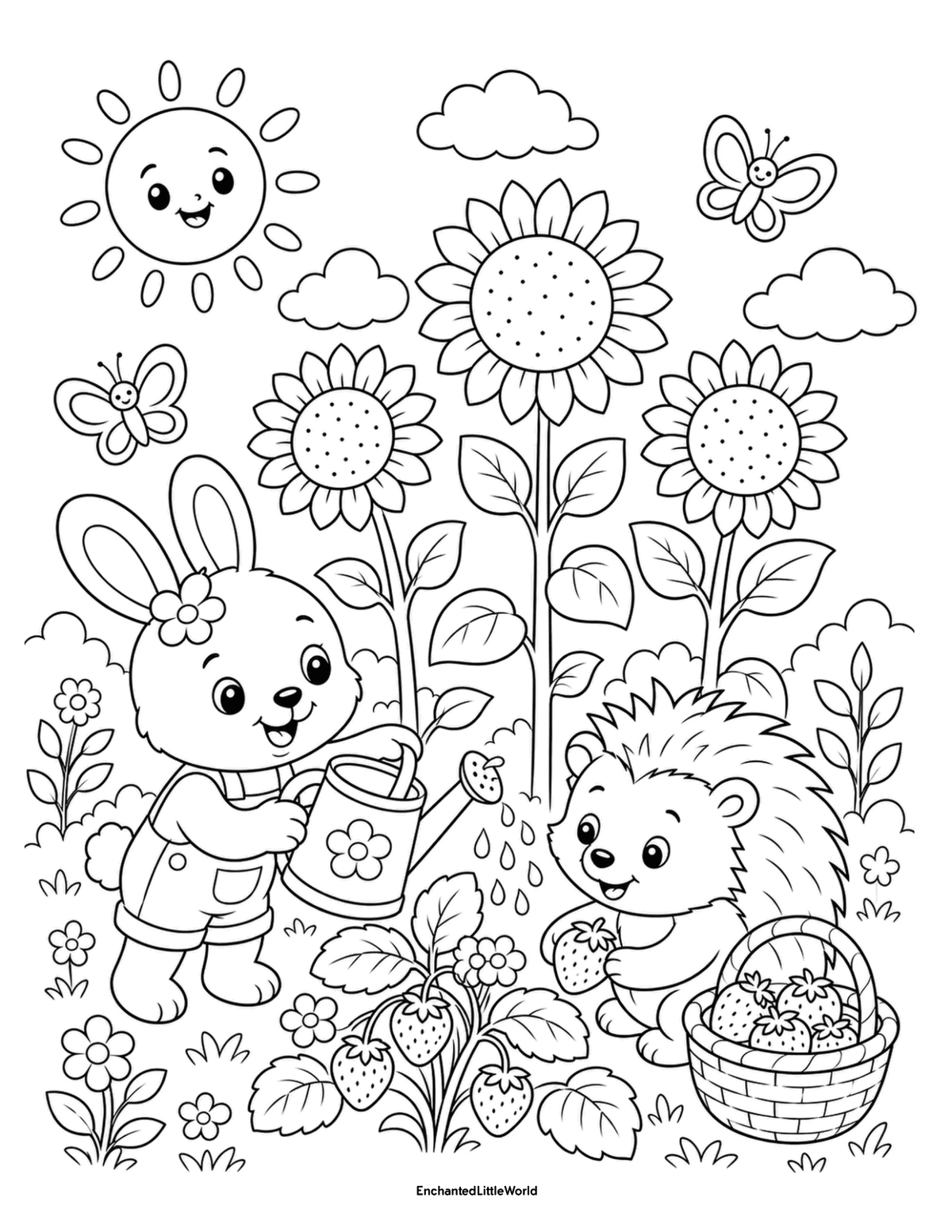 cute-summer-animals-coloring-page-7 • Enchanted Little World Free coloring page for kids featuring a cute bunny watering strawberries while a hedgehog picks fruit in a summer garden filled with sunflowers and butterflies.