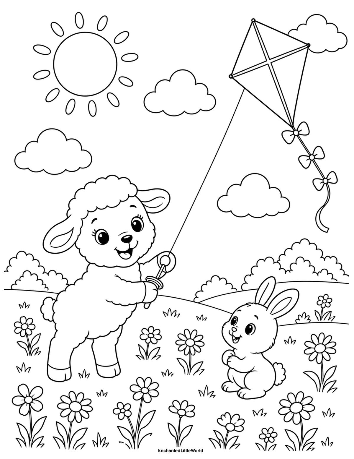 cute-summer-animals-coloring-page-8 • Enchanted Little World Free coloring page for kids featuring a cute lamb flying a kite while a bunny watches in a sunny field filled with flowers and clouds.