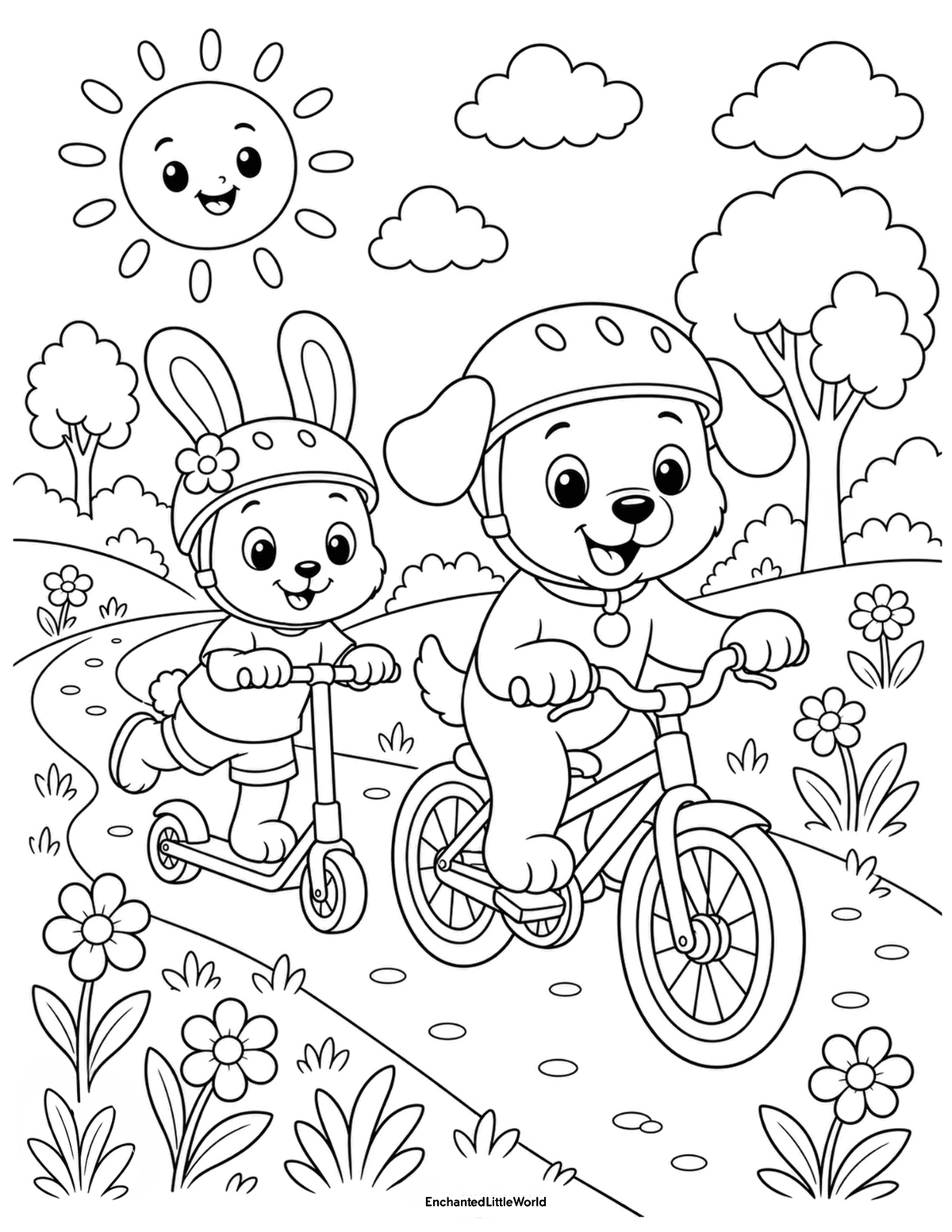 cute-summer-animals-coloring-page-9 • Enchanted Little World Free coloring page for kids featuring a cute dog riding a bicycle beside a bunny on a scooter along a sunny flower-lined path.