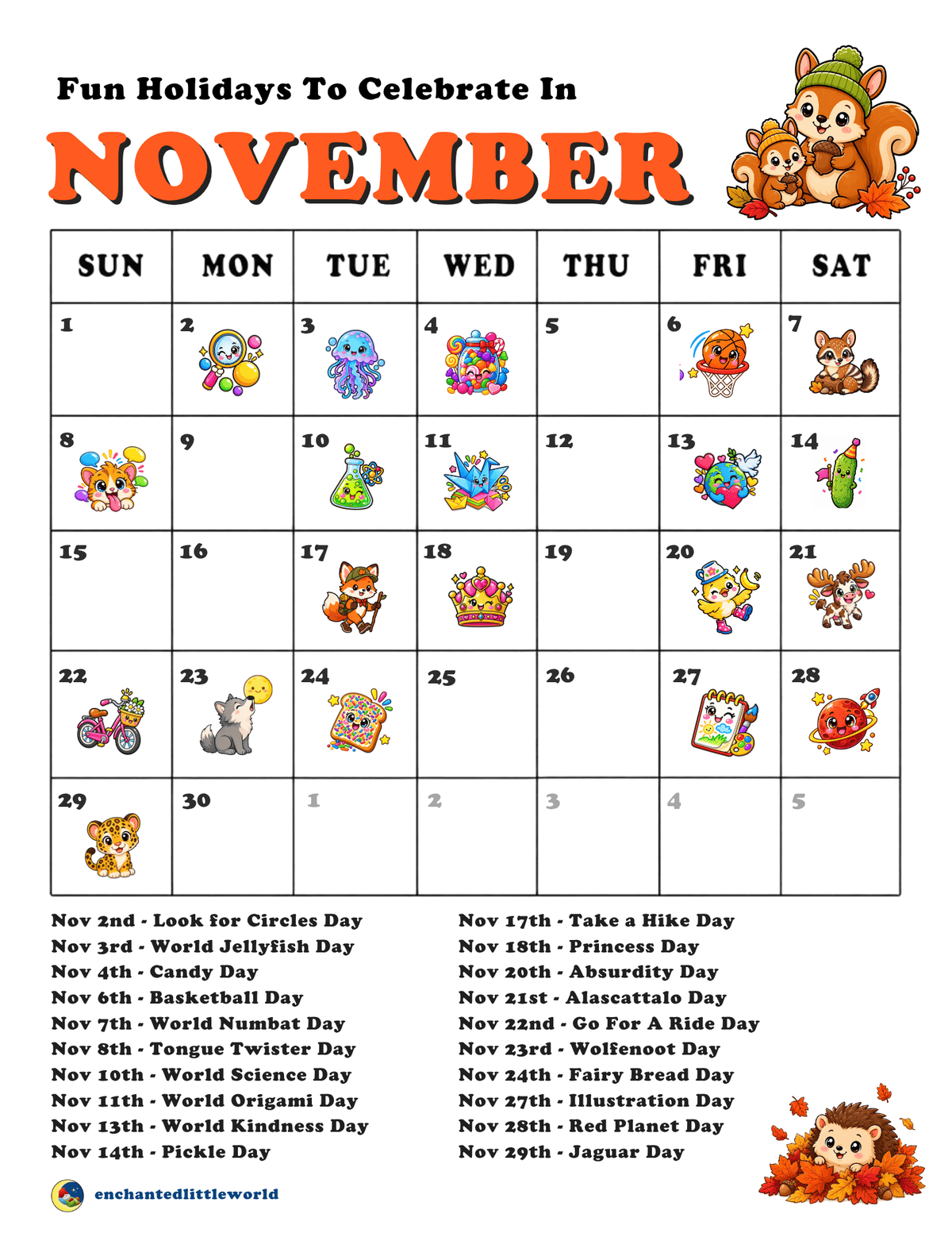 free-November-fun-holidays-calendar-for-kids-calendar-2026 β’ Enchanted Little World November 2026 fun holidays calendar for kids featuring 20 playful celebration days with colorful illustrated icons.