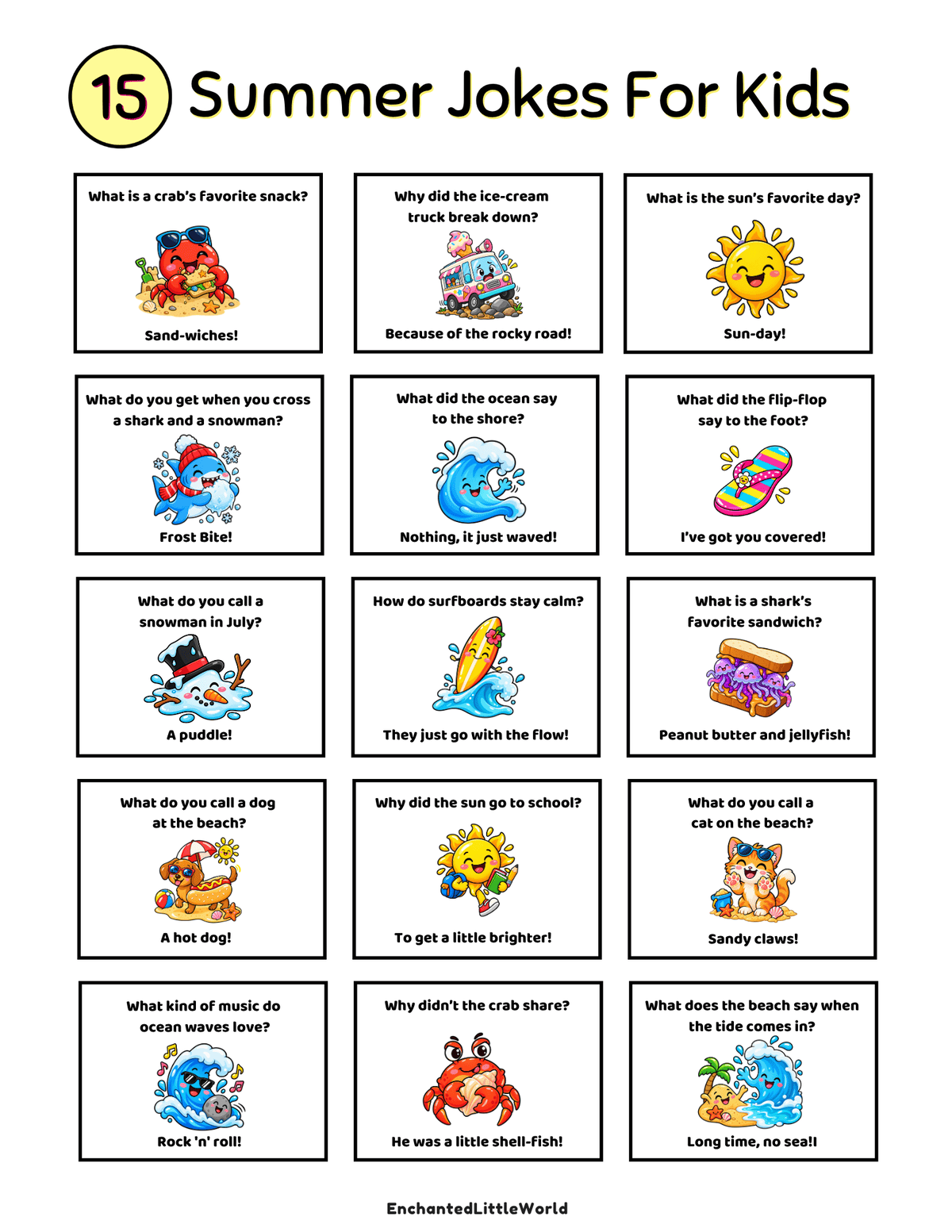 free-printable-summer-jokes-for-kids • Enchanted Little World Colorful summer-themed cryptogram puzzle page with A-Z alphabet tiles and beach icons at the top for decoding words.