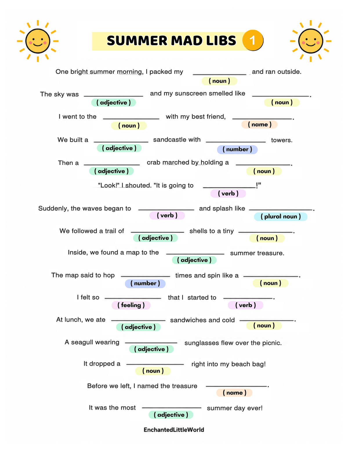 free-printable-summer-mad-libs-for-kids • Enchanted Little World Word game worksheet titled Summer Holiday asks players to make as many words as possible from the phrase SUMMER HOLIDAY, with two columns (numbers 1–13 and 14–26) for answers.
