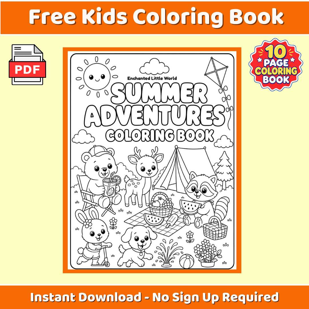 free-summer-animals-coloring-book-for-kids • Enchanted Little World Free summer animal coloring book for kids with a preview of the Summer Adventures cover and 10-page coloring book badge.