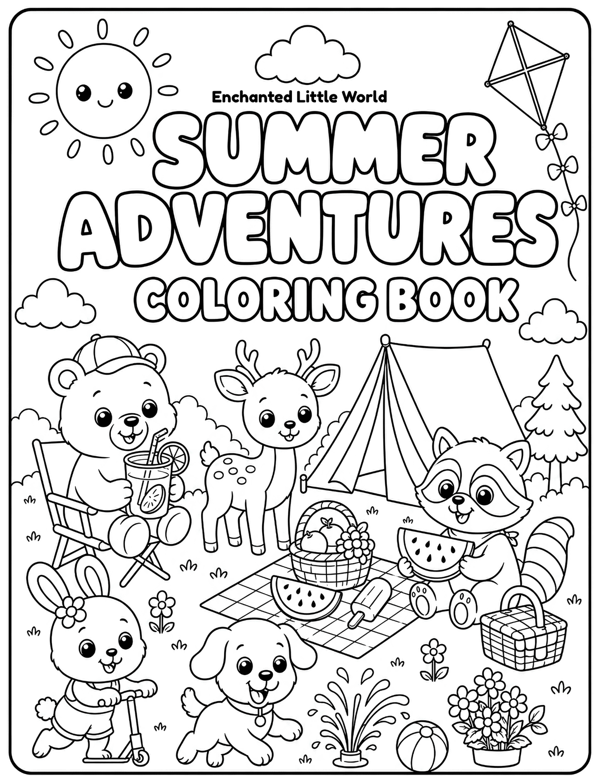 free-summer-animals-coloring-book-for-kids • Enchanted Little World Colorful summer-themed cryptogram puzzle page with A-Z alphabet tiles and beach icons at the top for decoding words.