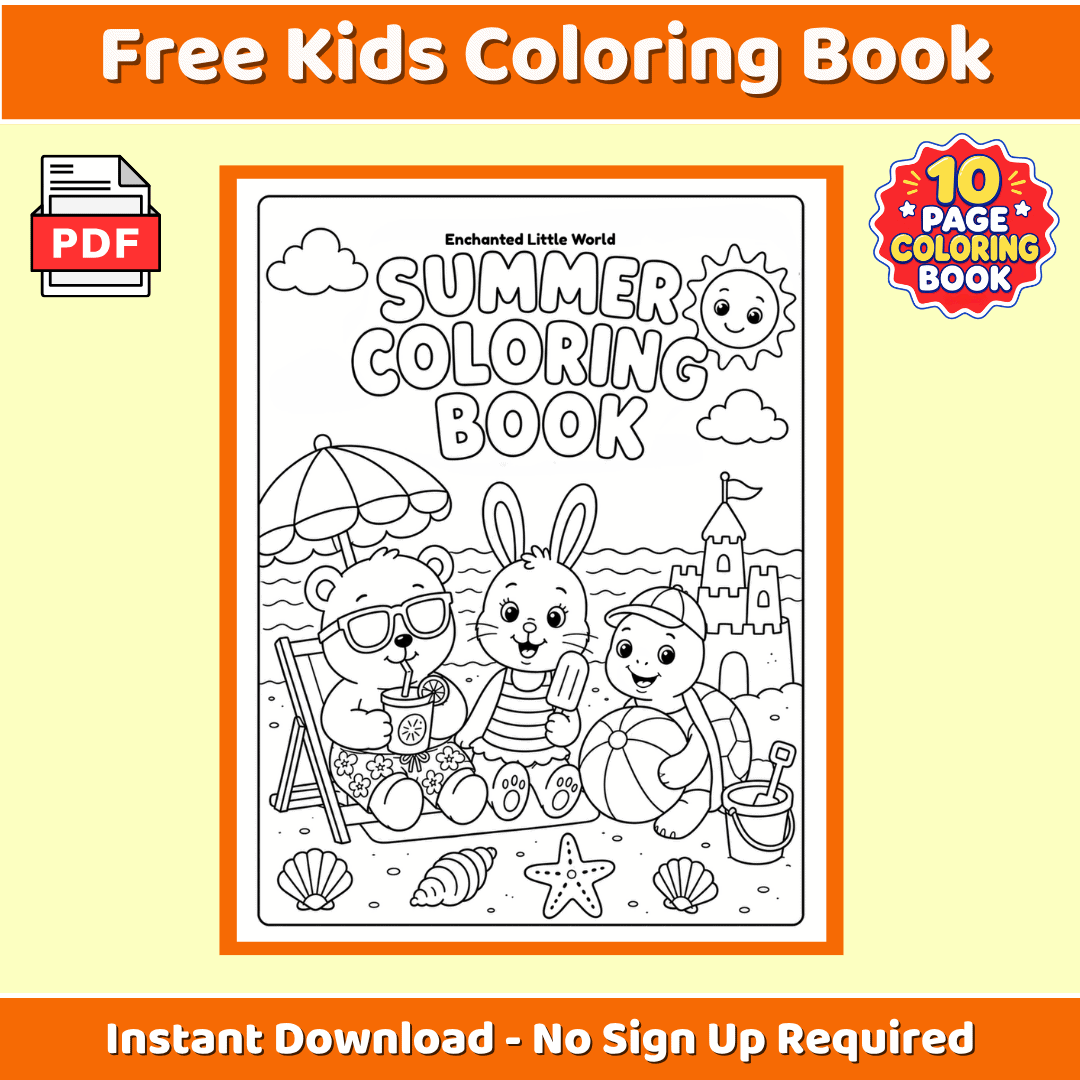 free-summer-beach-animals-coloring-book-for-kids • Enchanted Little World Summer beach animals coloring book for kids cover showing a bear, bunny, and turtle enjoying a sunny day beside a sandcastle.