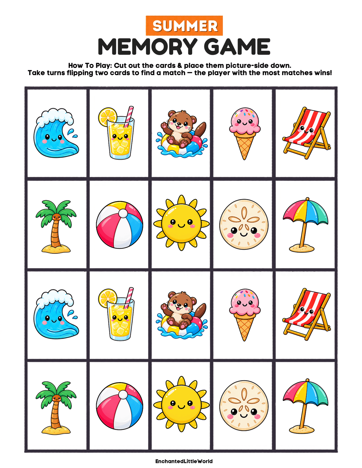 free-summer-matching-game-for-kids-1 • Enchanted Little World Colorful summer-themed cryptogram puzzle page with A-Z alphabet tiles and beach icons at the top for decoding words.