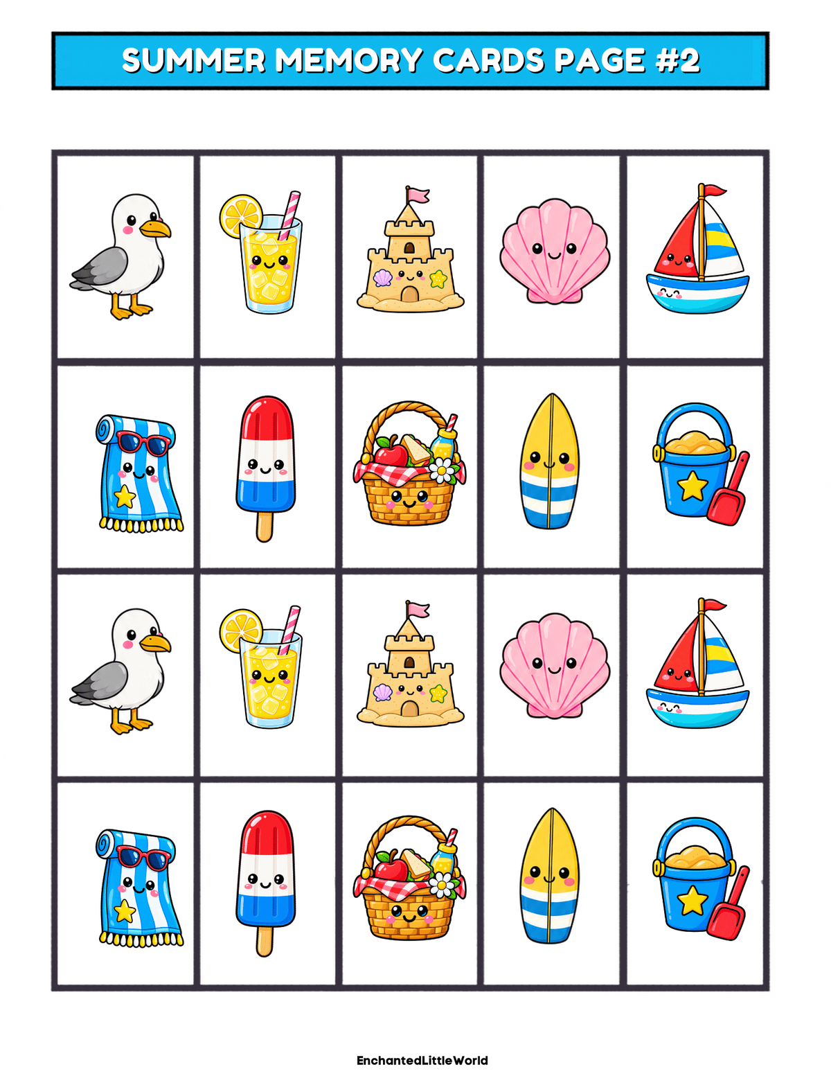 free-summer-matching-game-for-kids-2 • Enchanted Little World Colorful summer-themed cryptogram puzzle page with A-Z alphabet tiles and beach icons at the top for decoding words.