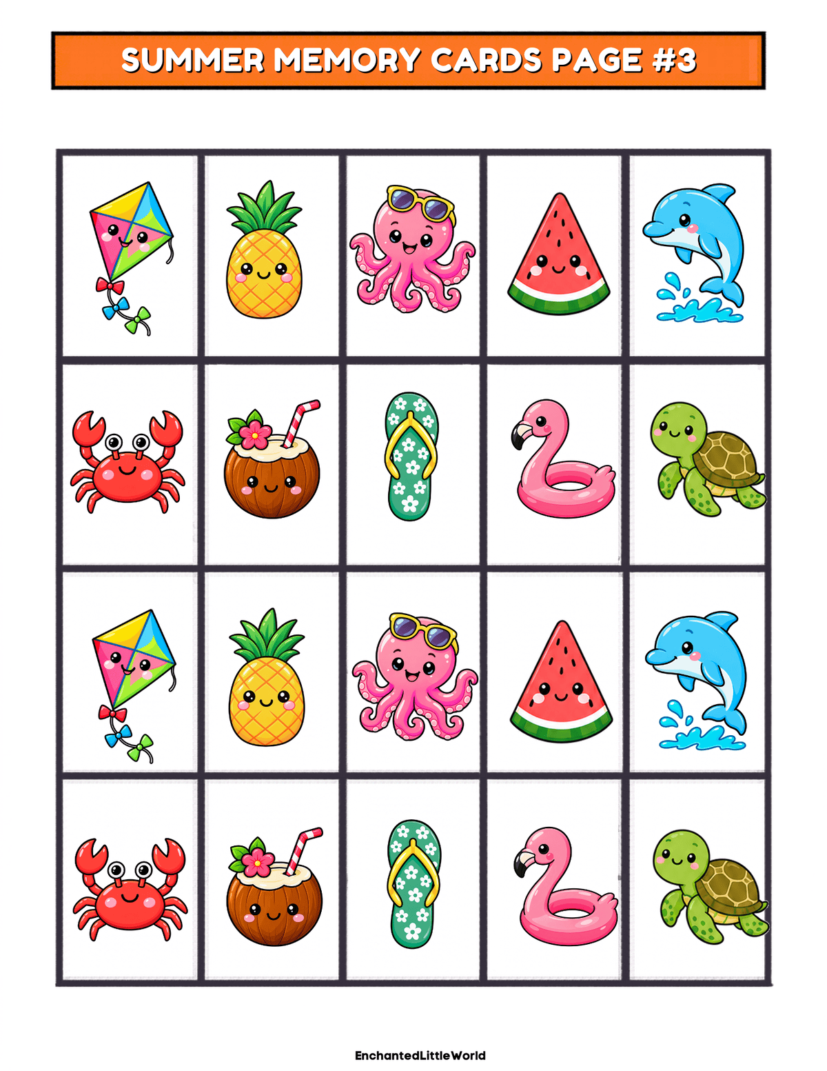 free-summer-matching-game-for-kids-3 • Enchanted Little World Colorful summer-themed cryptogram puzzle page with A-Z alphabet tiles and beach icons at the top for decoding words.