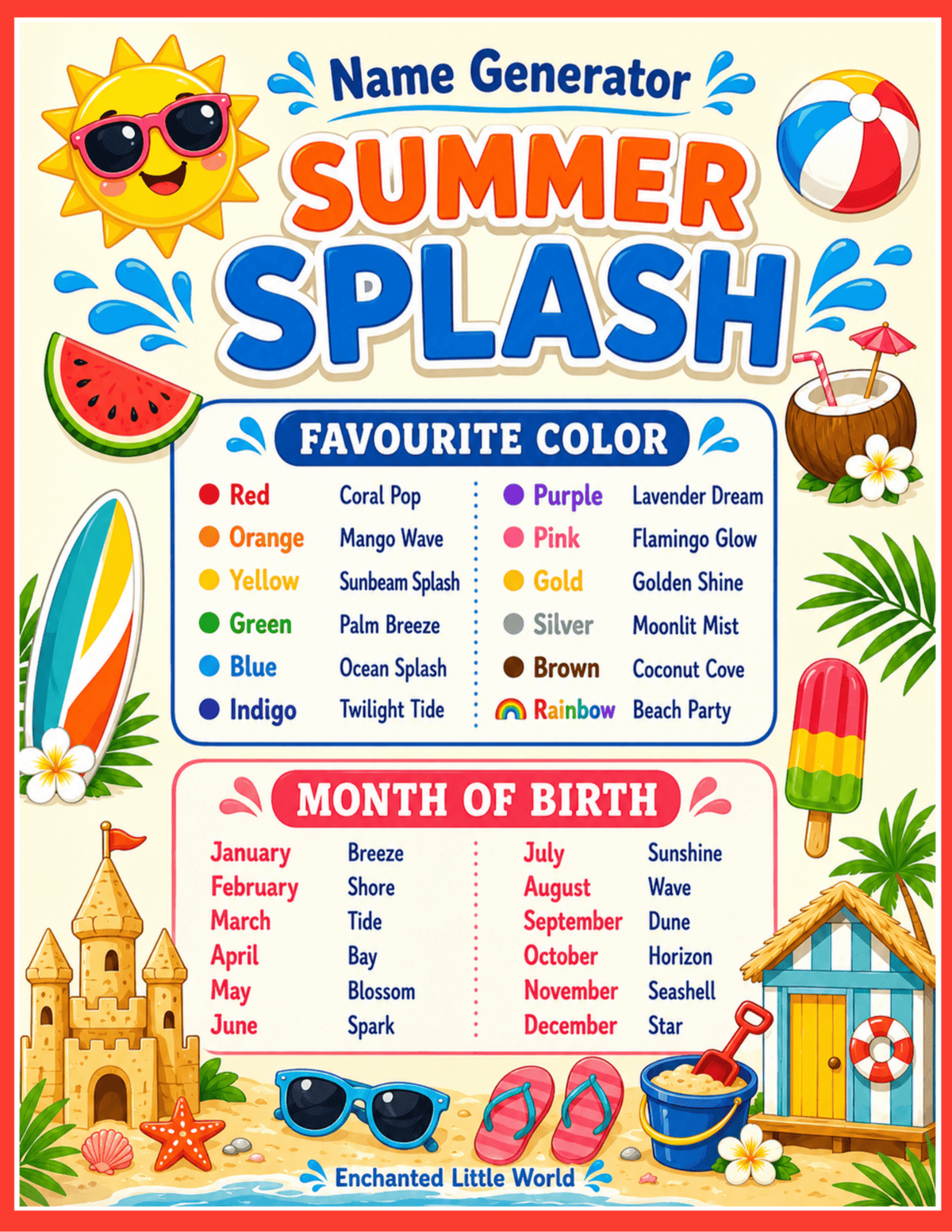 free-summer-name-generator-for-kids • Enchanted Little World Poster for a Summer Riddle Quiz with bold blue title and orange subtitle; two columns of riddles on the left and answers on the right, beach scene at bottom.
