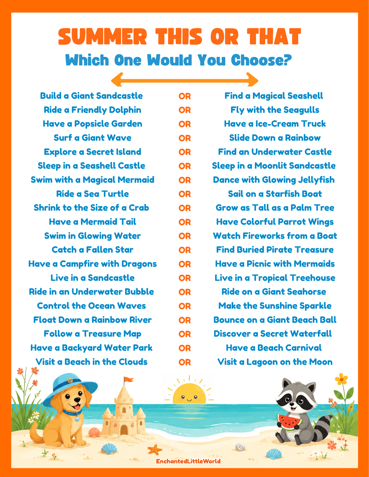 free-summer-would-you-rather-questions-for-kids β’ Enchanted Little World Poster for a Summer Riddle Quiz with bold blue title and orange subtitle; two columns of riddles on the left and answers on the right, beach scene at bottom.