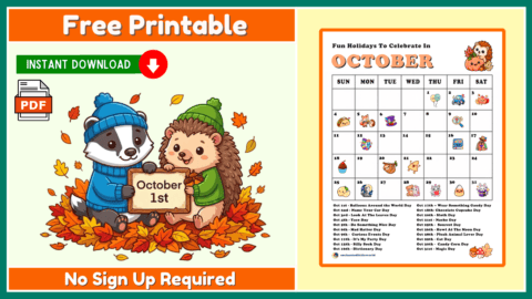 Free October Fun Holidays Calendar