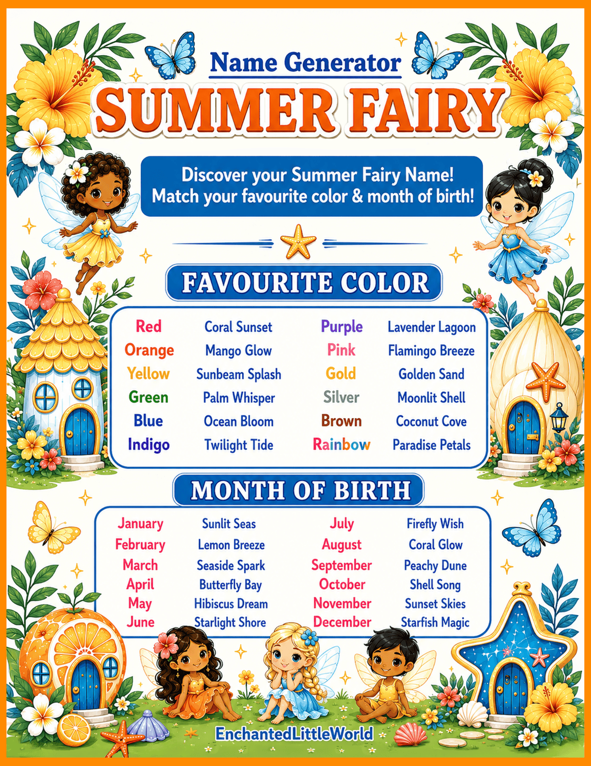 summer-fairy-name-generator-for-kids • Enchanted Little World Poster for a Summer Riddle Quiz with bold blue title and orange subtitle; two columns of riddles on the left and answers on the right, beach scene at bottom.