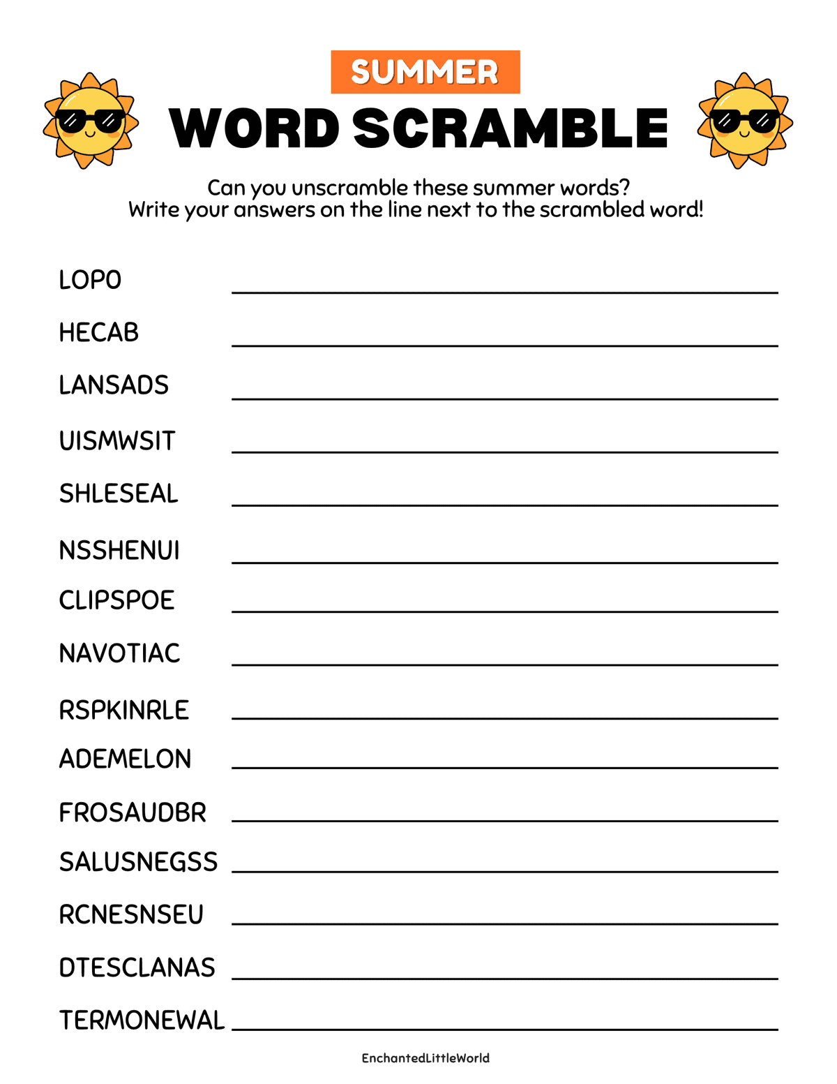 summer-word-scramble β’ Enchanted Little World Word game worksheet titled Summer Holiday asks players to make as many words as possible from the phrase SUMMER HOLIDAY, with two columns (numbers 1β13 and 14β26) for answers.