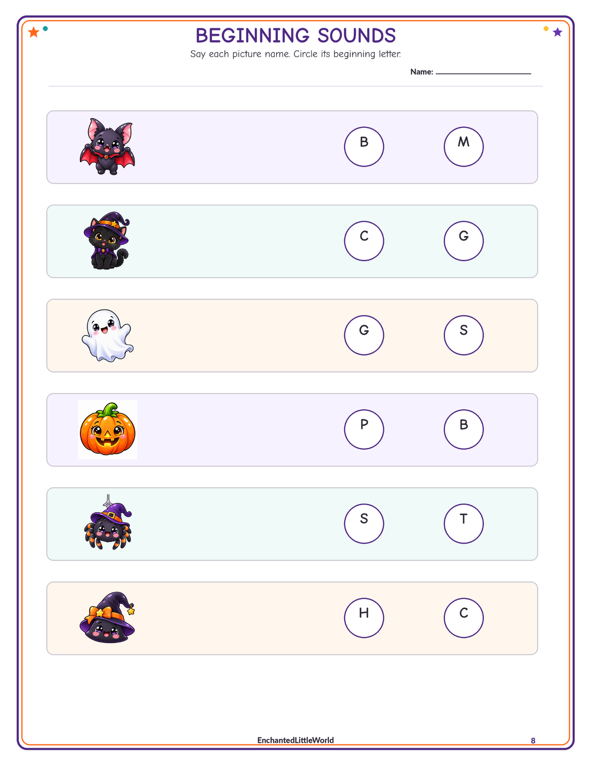 free-halloween-beginning-sounds-worksheet-for-kindergarten • Enchanted Little World Printable activity sheet for beginning sounds with Halloween-themed images and letter options for kids.