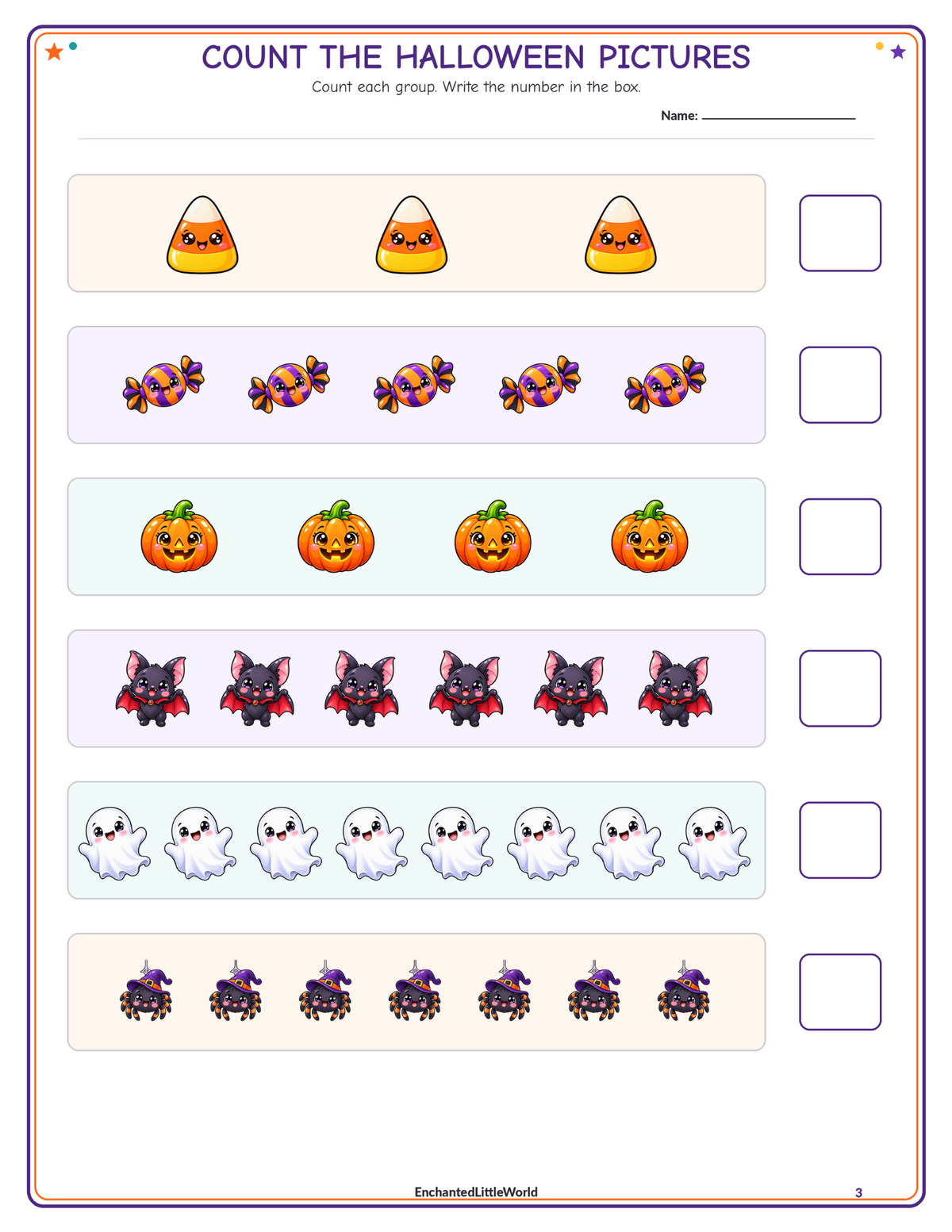 free-halloween-counting-worksheet-for-kindergarten • Enchanted Little World Educational counting worksheet titled 'Count the Halloween Pictures' showing rows of Halloween icons to count (candies, pumpkins, ghosts, bats, etc.). Each row has a long box for writing the total and a small checkbox area on the right side for answers.