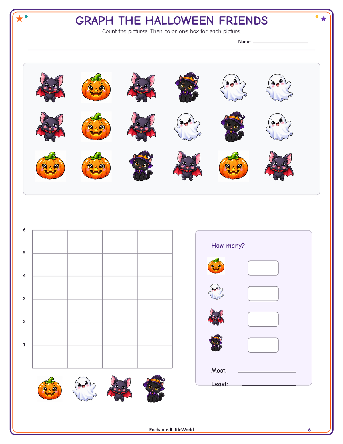 free-halloween-graphing-worksheet-for-kindergarten • Enchanted Little World Printable Halloween-themed activity sheet with pictures of bats, pumpkins, black cats, and ghosts for counting and graphing.