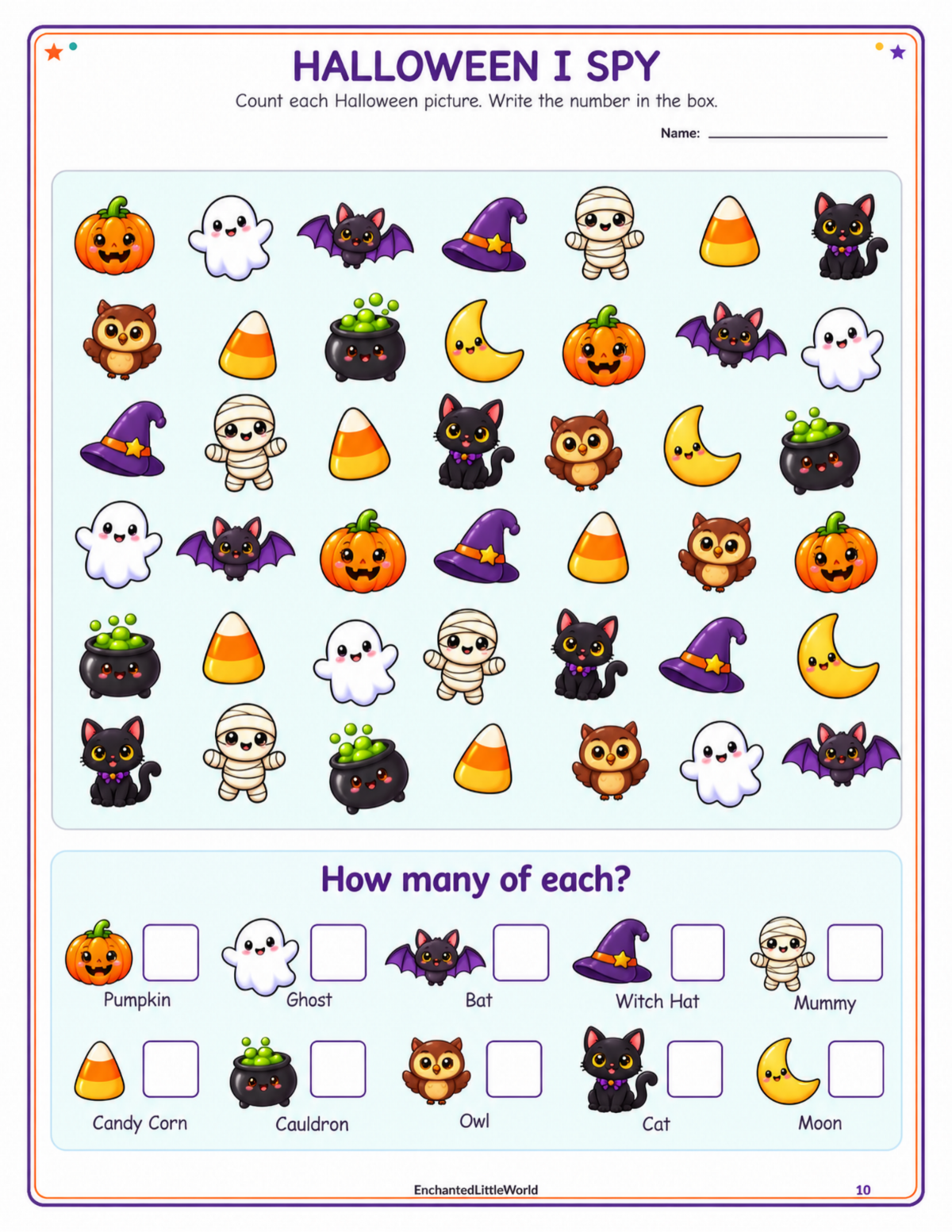 free-halloween-i-spy-worksheet-for-kindergarten • Enchanted Little World Printable Halloween I Spy activity with various themed objects for counting and identification.