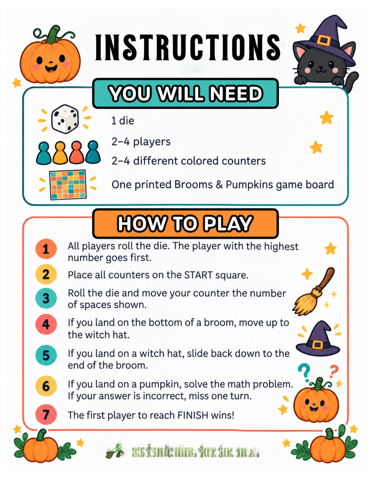 free-halloween-math-game-instructions-for-kids • Enchanted Little World Printable instructions for Brooms & Pumpkins game with colorful icons and steps for kids.