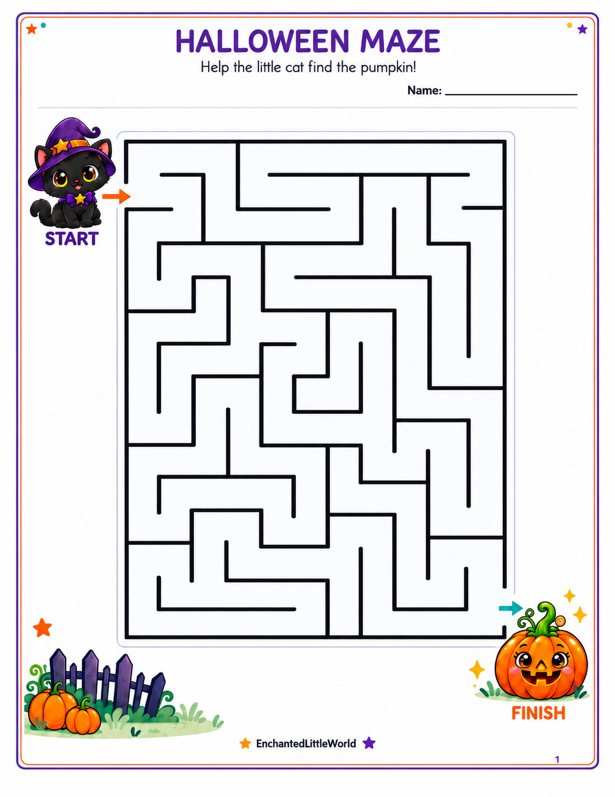 free-halloween-maze-for-kindergarten • Enchanted Little World Printable Halloween maze with a black cat and pumpkin for kids to find the pumpkin.