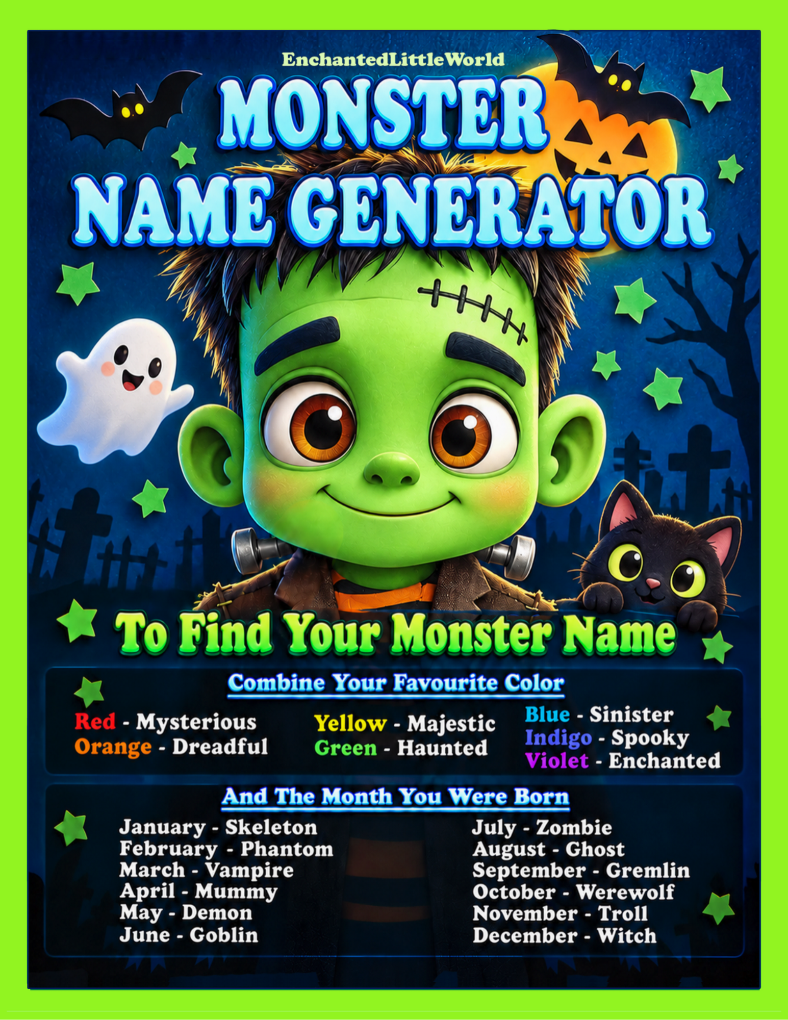 free-halloween-monster-name-game-for-kids β’ Enchanted Little World Fun and spooky monster name generator featuring a colorful, patched-up Frankenstein's monster, where kids can combine their favorite colors and birth months to create a unique monster name.