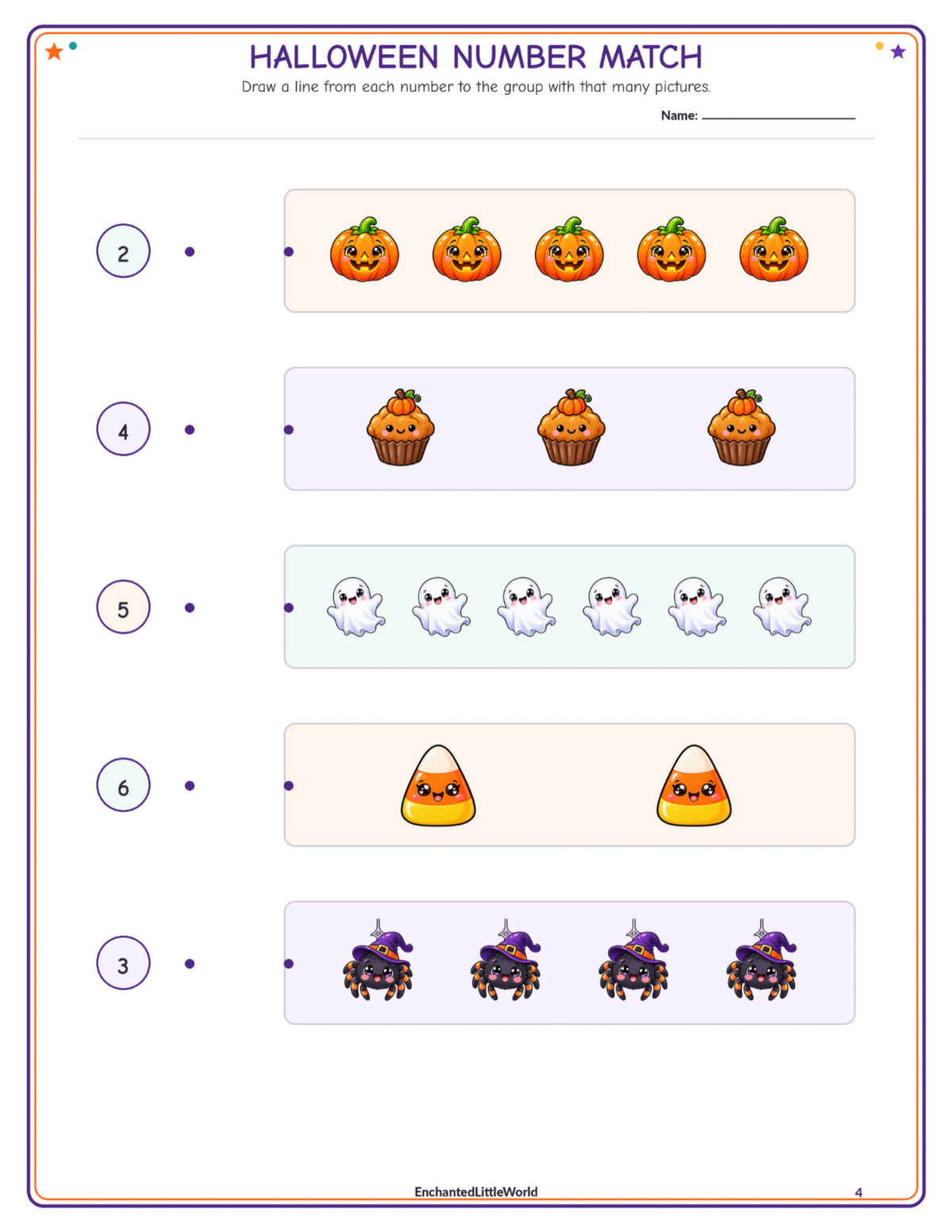 free-halloween-number-matching-worksheet-for-kindergarten • Enchanted Little World Halloween number match printable for kids with pumpkins, cupcakes, ghosts, cones, and spiders.