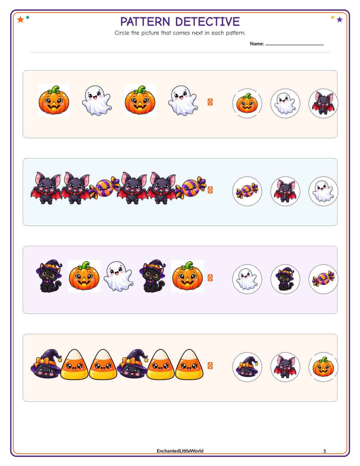 free-halloween-pattern-worksheet-for-kindergarten • Enchanted Little World Printable Halloween pattern detective activity with pumpkins, bats, cats, and candy corn for kids.