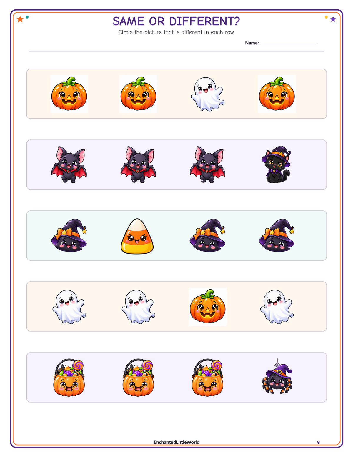 free-halloween-same-or-different-worksheet-for-kindergarten • Enchanted Little World Printable worksheet with Halloween-themed images for kids to identify differences in rows.