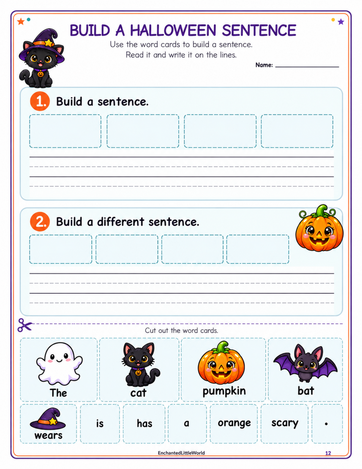 free-halloween-sentence-building-worksheet-for-kindergarten • Enchanted Little World Printable Halloween sentence building worksheet with pictures of ghost, cat, pumpkin, and bat for kids.