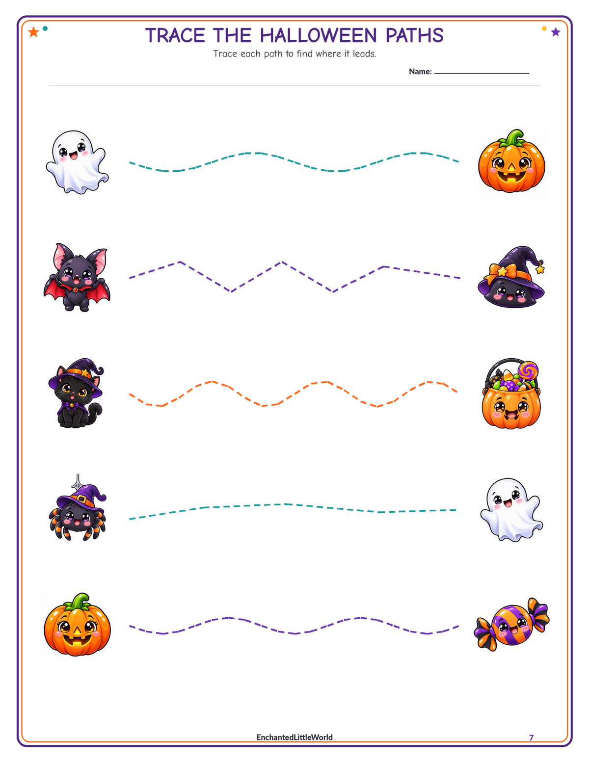 free-halloween-tracing-worksheet-for-kindergarten • Enchanted Little World Printable Halloween activity sheet with five paths and Halloween-themed icons for tracing.
