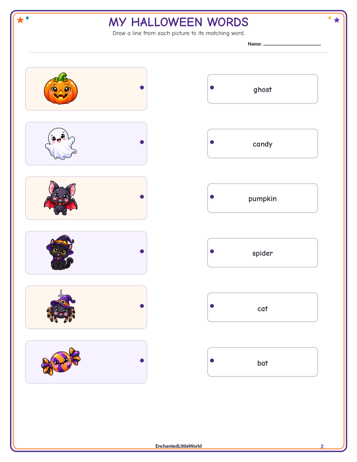 free-halloween-vocabulary-matching-worksheet-for-kindergarten-1 • Enchanted Little World Printable Halloween words matching activity with images of a pumpkin, ghost, bat, spider, cat, and candy.