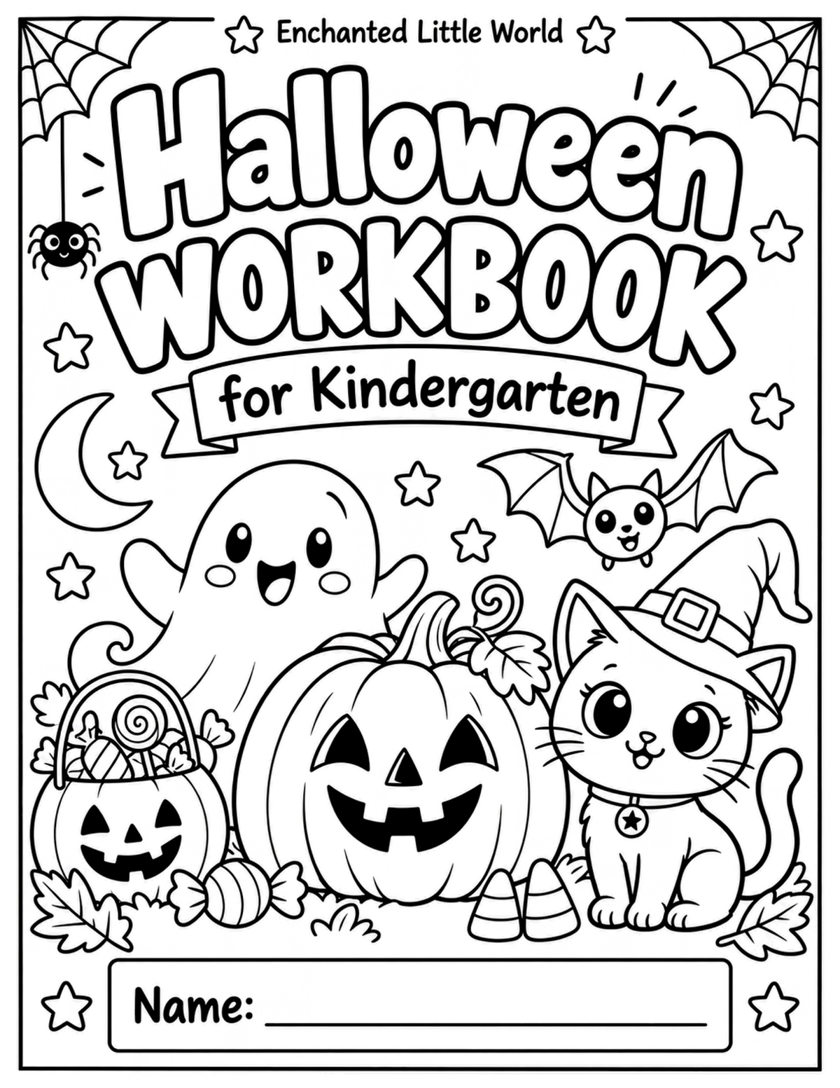 free-halloween-workbook-for-kindergarten-cover • Enchanted Little World Printable Halloween workbook for kindergarten with a ghost, pumpkin, cat, bat, spider, and candies.