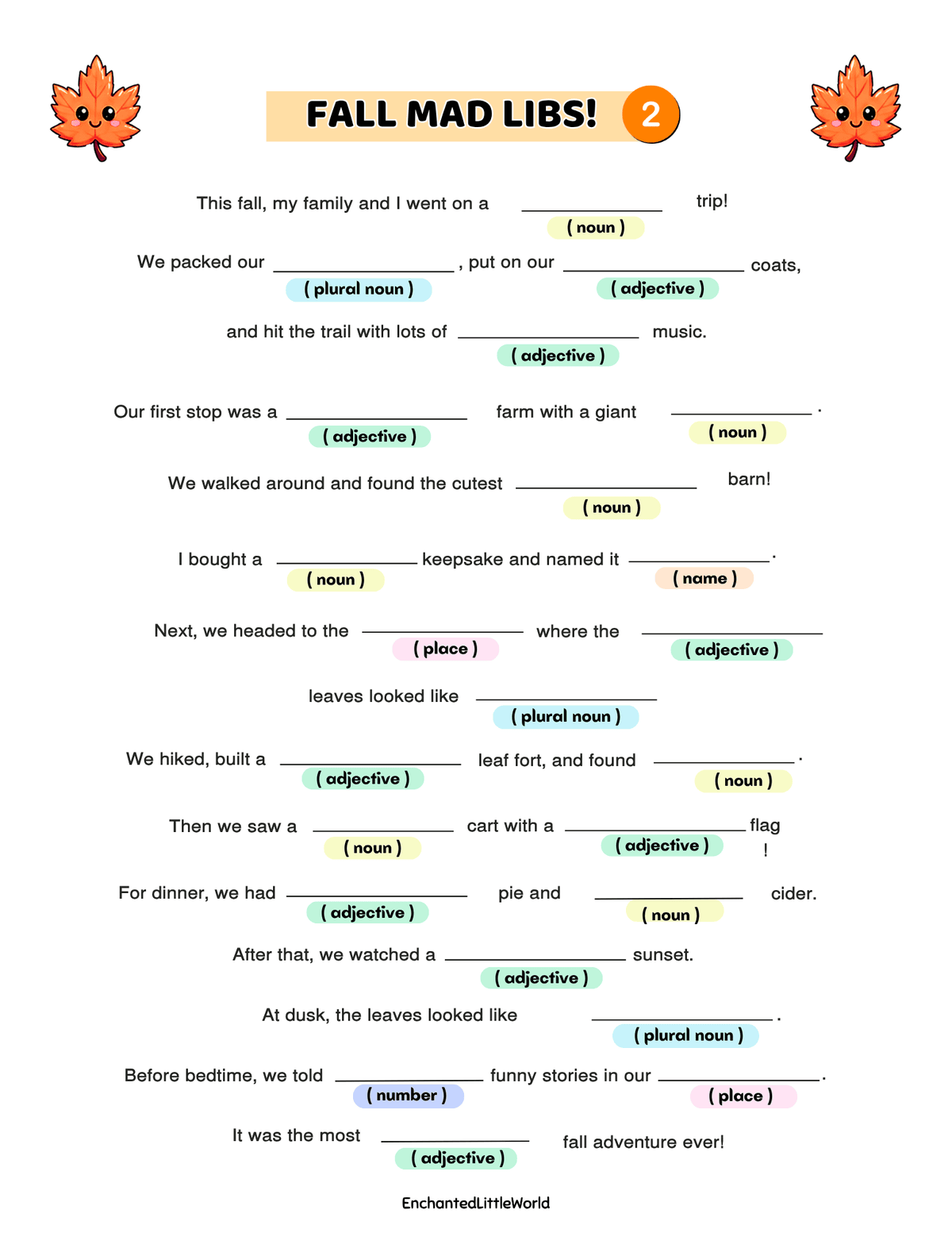 free-printable-fall-mad-libs-for-kids-2 β’ Enchanted Little World Free printable Fall division worksheet with six numbered leaf symbols and 16 math problems
