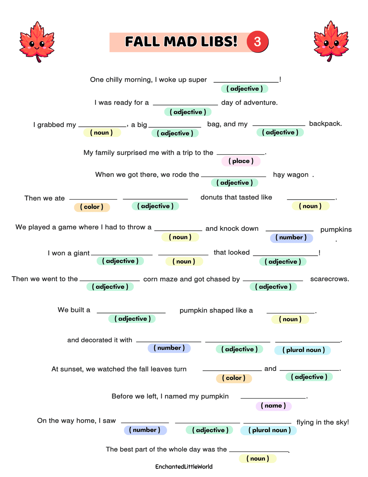 free-printable-fall-mad-libs-for-kids-3 β’ Enchanted Little World Free printable Fall division worksheet with six numbered leaf symbols and 16 math problems