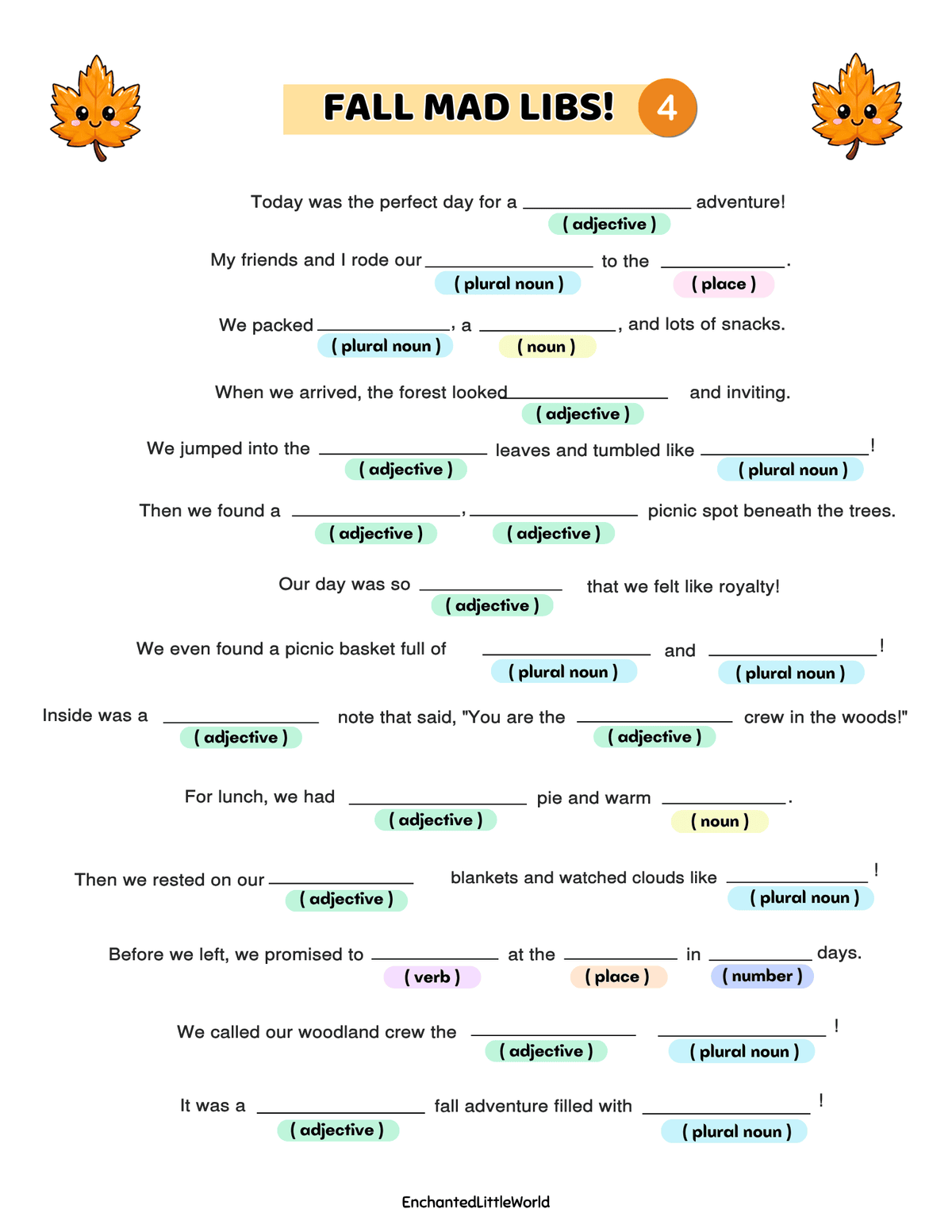 free-printable-fall-mad-libs-for-kids-4 β’ Enchanted Little World Free printable Fall division worksheet with six numbered leaf symbols and 16 math problems