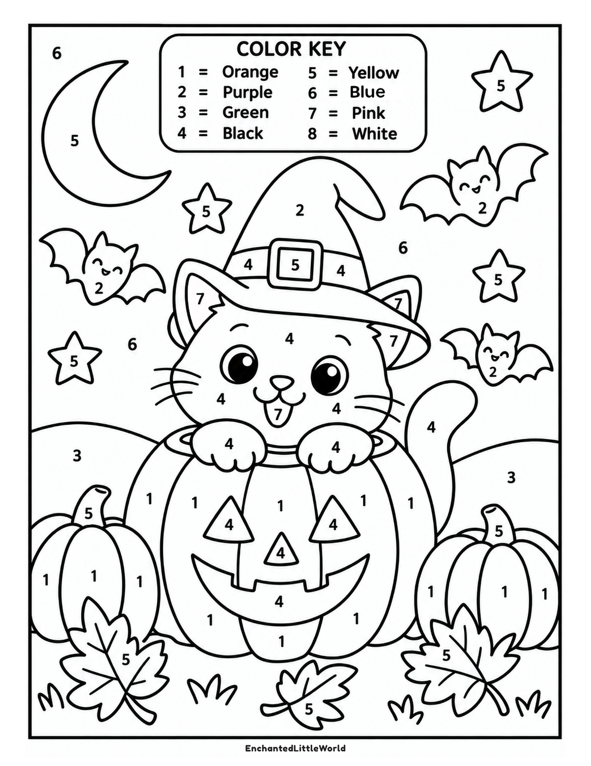 free-printable-halloween-color-by-number-for-kids-2 โข Enchanted Little World Coloring page featuring a cute cat with a pumpkin, surrounded by bats, stars, and pumpkins, with a color key at the top.