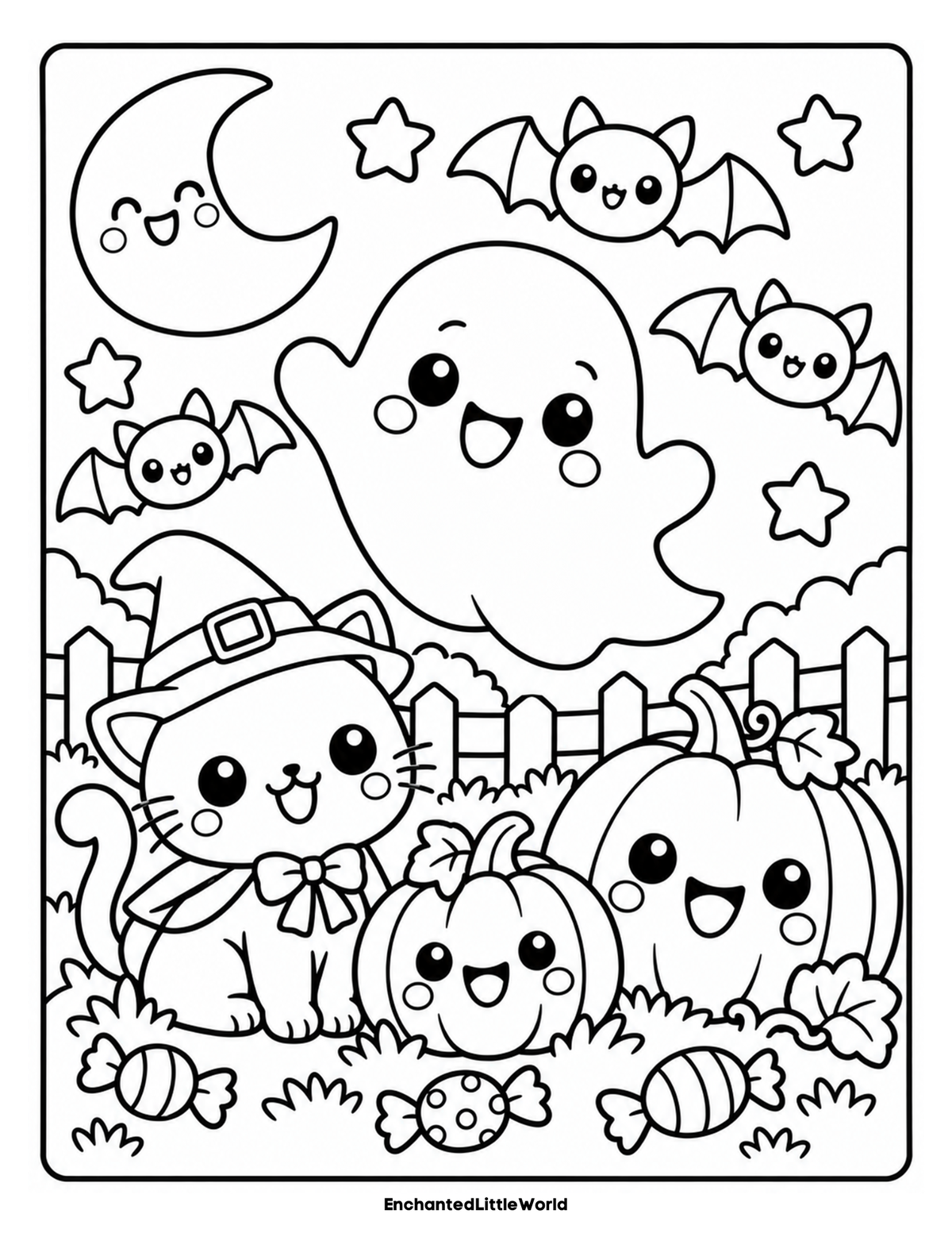 free-printable-halloween-coloring-page-for-kids-8 • Enchanted Little World Black and white Halloween scene with three kids in costumes, pumpkins, bats, full moon, and haunted house.