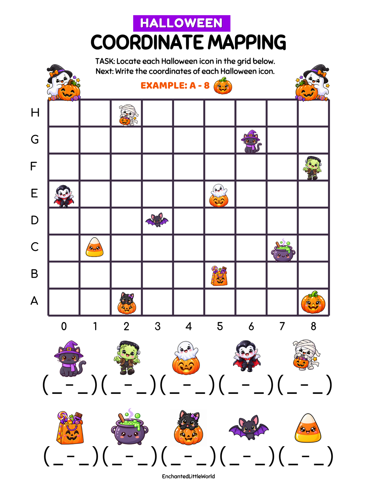 free-printable-halloween-coordinate-mapping-worksheet-for-kids β’ Enchanted Little World Halloween coordinate mapping printable with Halloween characters on a grid for kids to match and write coordinates.