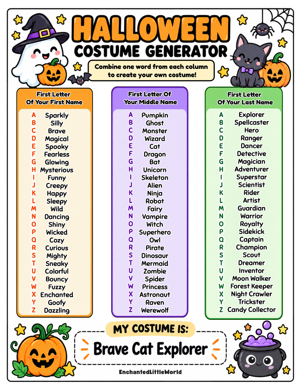 free-printable-halloween-costume-generator-for-kids β’ Enchanted Little World Halloween costume generator printable with columns of words for first, middle, and last names, and a space for a costume name.