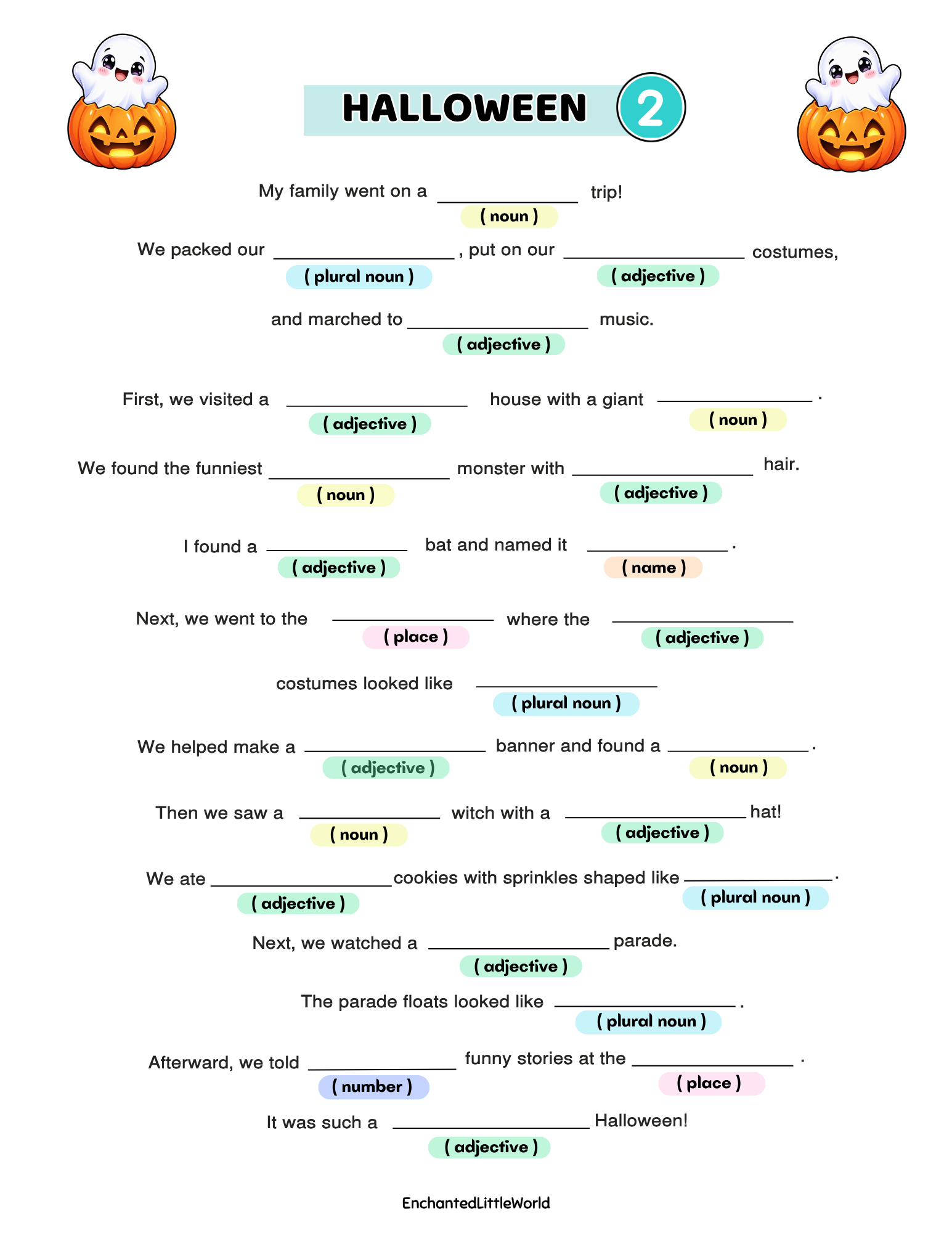 free-printable-halloween-mad-libs-for-kids-2 โข Enchanted Little World Printable Halloween worksheet with fill-in-the-blank sentences for kids, featuring pumpkins, ghosts, and themed vocabulary.