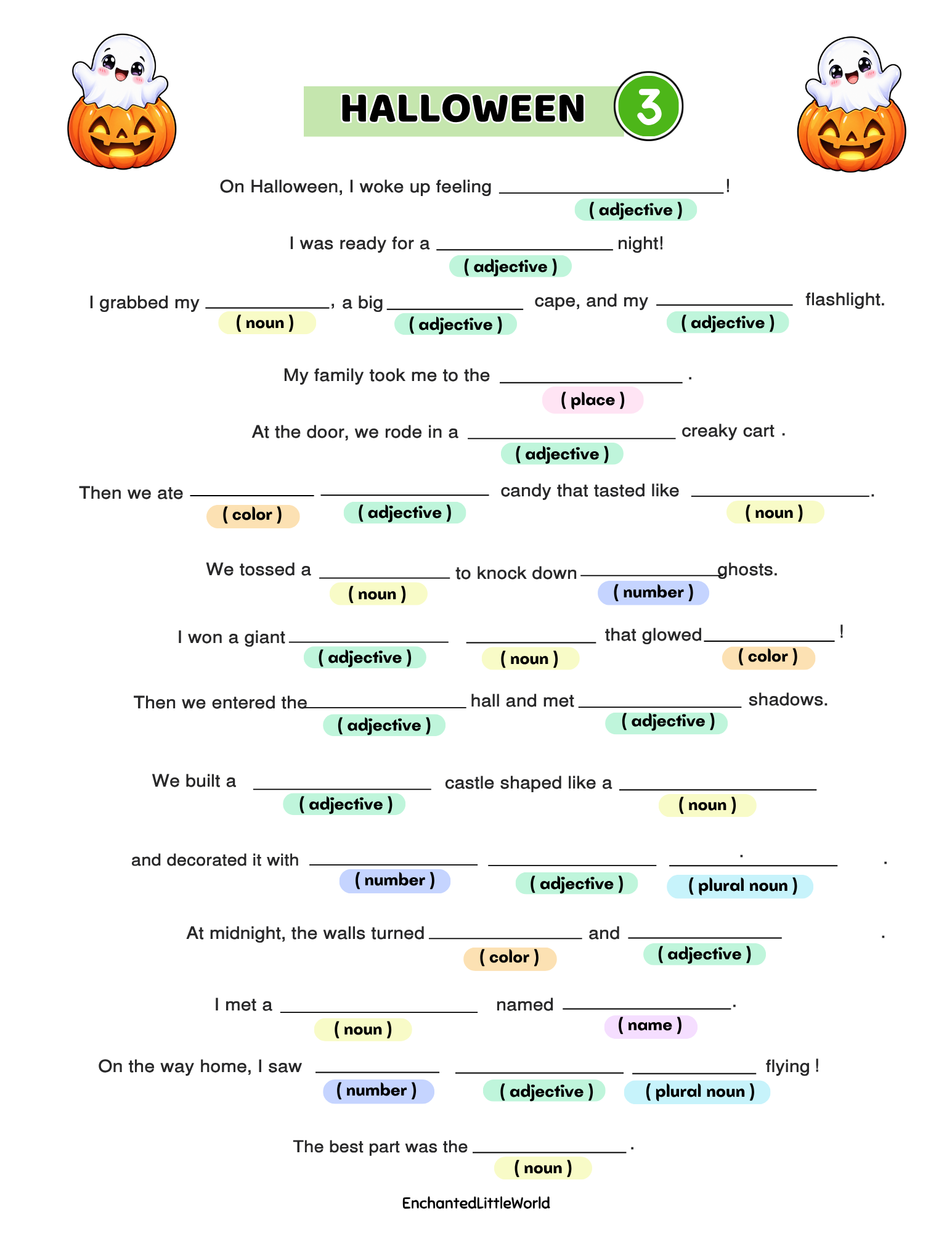free-printable-halloween-mad-libs-for-kids-3 โข Enchanted Little World Printable Halloween worksheet with pumpkins and ghosts, featuring fill-in-the-blank activity for kids.