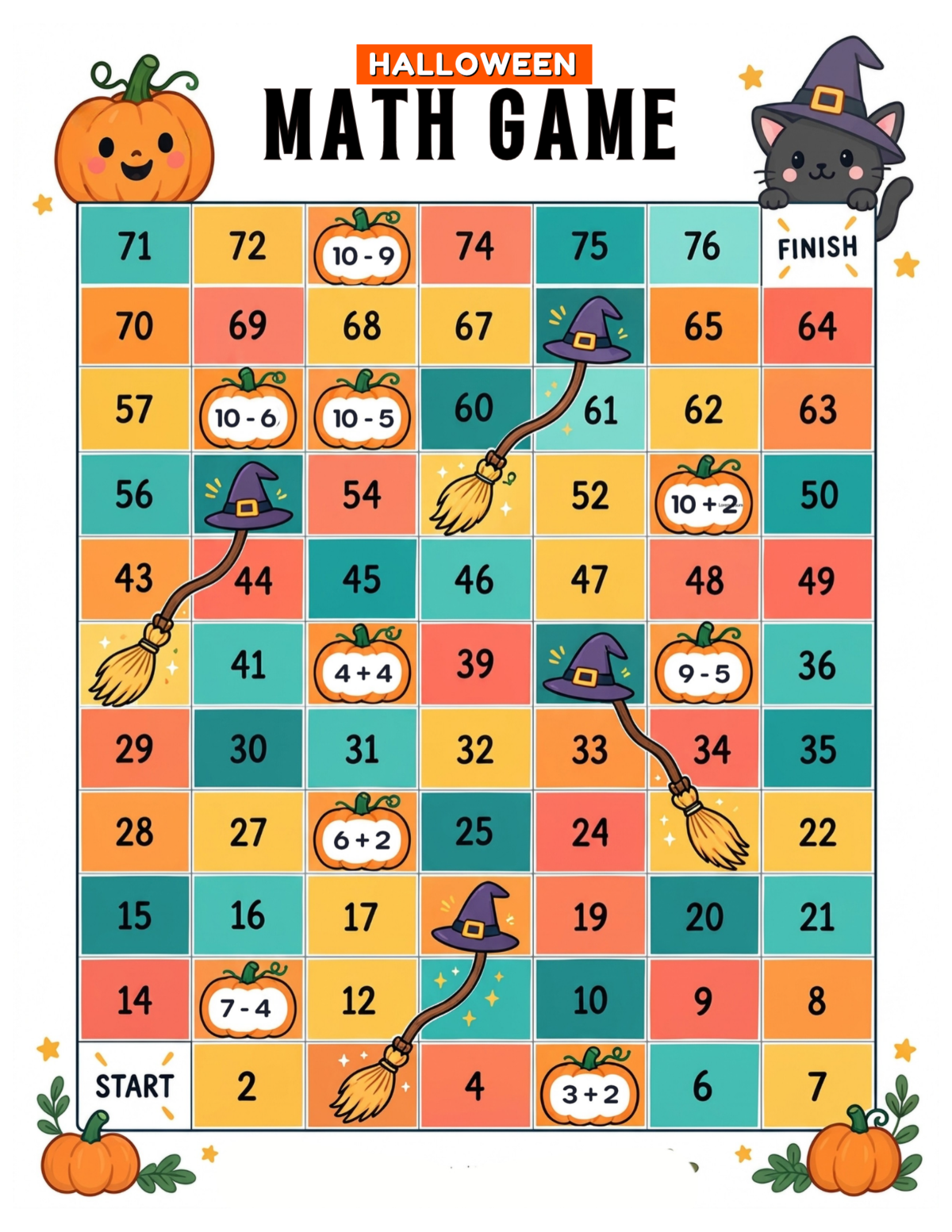free-printable-halloween-math-game-for-kids • Enchanted Little World Halloween math game board with numbered squares, witch hats, brooms, pumpkins, and start/finish points.