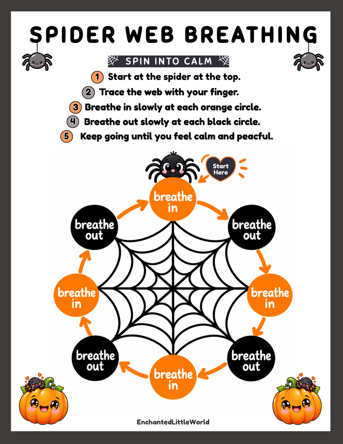 free-printable-spider-web-breathing-exercise-for-kids • Enchanted Little World Printable spider web breathing activity for kids with steps and spider illustrations.