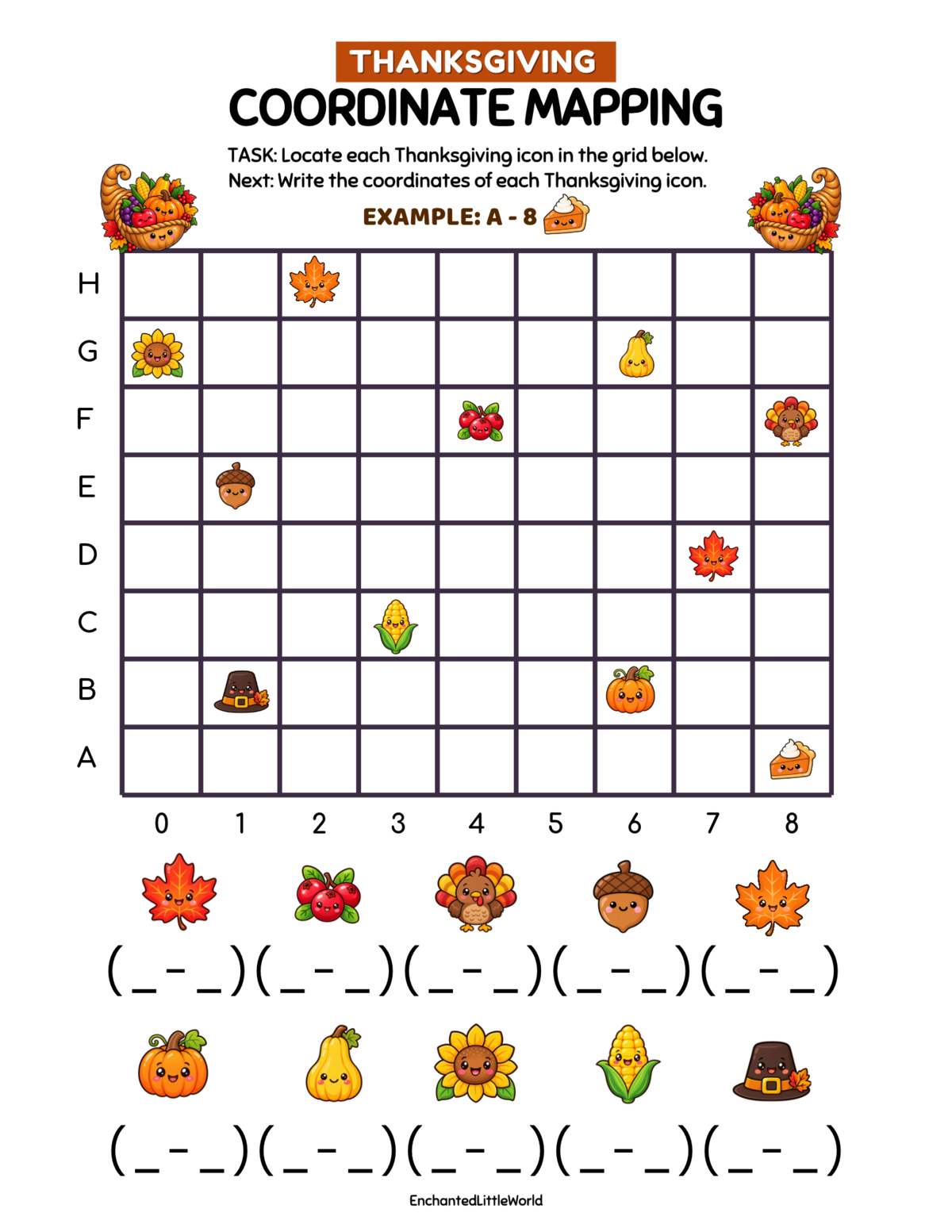 free-printable-thanksgiving-coordinate-mapping-worksheet-for-kids β’ Enchanted Little World Thanksgiving coordinate mapping printable with Thanksgiving icons and a grid for activity.